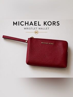 Michael Kors Jet Set Double Zip Red and Brown Leather Wristlet Clutch